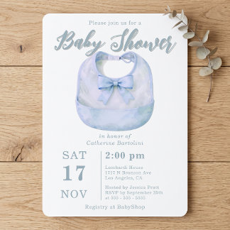 Watercolor Light Blue Bow Bib Boy Baby Shower Invitation