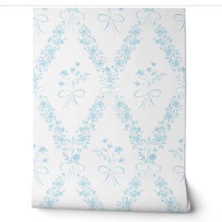 Watercolor Light Blue Floral Bow Baby Girl Nursery Wallpaper