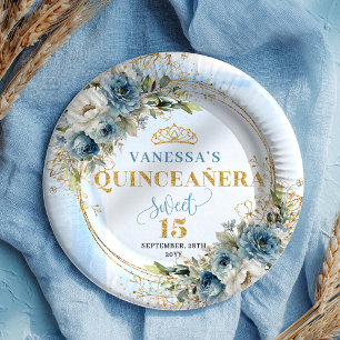 Watercolor Light Blue Floral Gold Glitter Party   Paper Plate