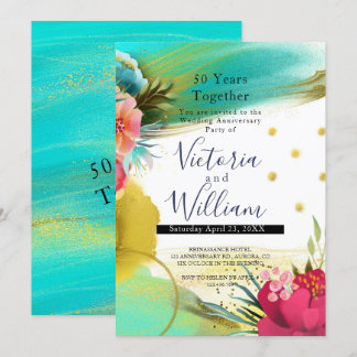 Watercolor Light Green Gold Pink 50th Anniversary Invitation