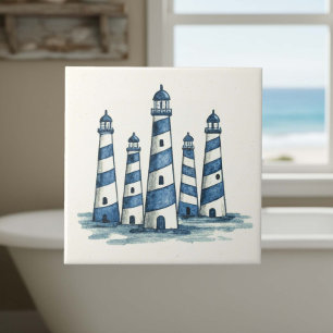 Watercolor Light Houses Blue Ivory ID1202 Tile