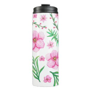 Watercolor Light Pink Flowers, Little Berries and Thermal Tumbler