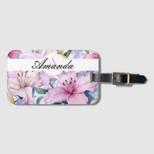 Watercolor Light Purple Lily Pattern Monogram Luggage Tag