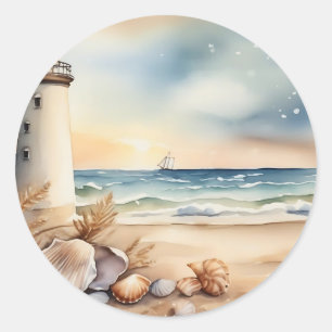 Watercolor Lighthouse and Beach Classic Round Sticker