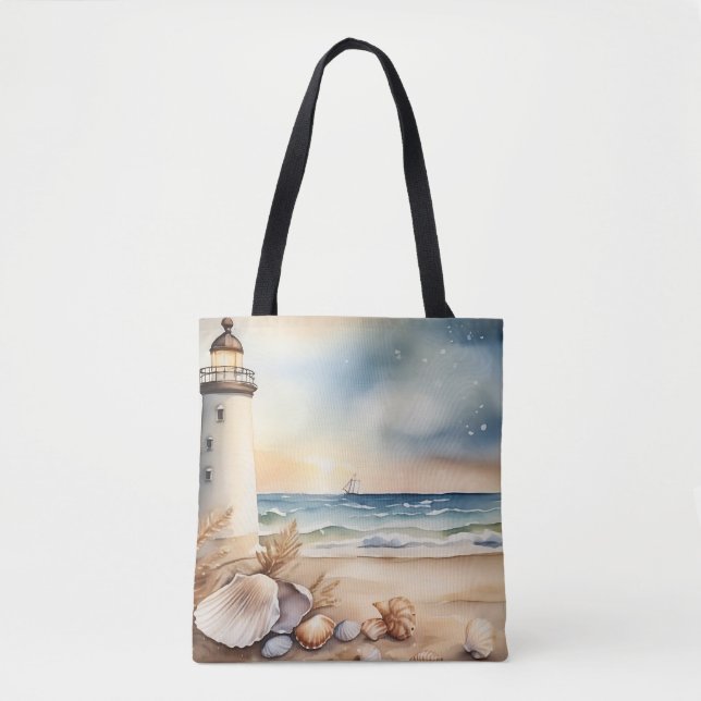 Watercolor Lighthouse and Beach Tote Bag (Front)