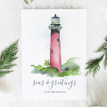 Watercolor Lighthouse Beach Christmas Card<br><div class="desc">This nautical holiday card was designed using my original hand painted watercolor Jupiter, Florida lighthouse with a garland of greenery and red berries on a crisp white background. The words Seas and Greetings are set in a modern brush script typography. Personalize however you like. This coastal style Christmas card reverses...</div>