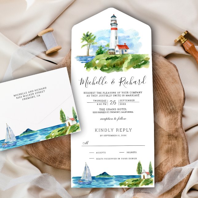 Watercolor Lighthouse Coastal Theme Wedding All In One Invitation (Creator Uploaded)