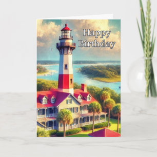Watercolor Lighthouse Happy Birthday Greeting  Card