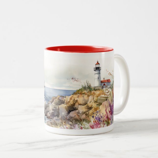 Watercolor Lighthouse in Spring Two-Tone Coffee Mug (Front Right)