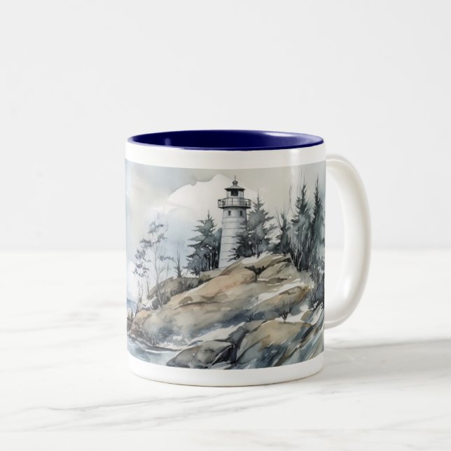 Watercolor Lighthouse in Winter Two-Tone Coffee Mug (Front Right)