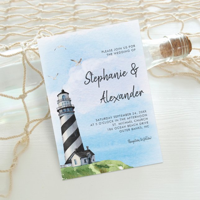 Watercolor Lighthouse Modern Wedding Invitation (Creator Uploaded)