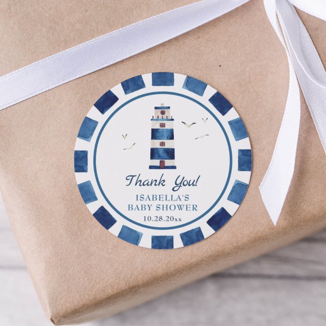 Watercolor Lighthouse Nautical Baby Shower  Classic Round Sticker (Creator Uploaded)