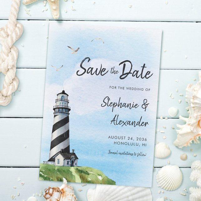 Watercolor Lighthouse Nautical Modern Wedding  Save The Date (Creator Uploaded)