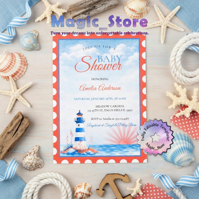Watercolor Lighthouse Nautical Ocean Sunset Stamp Invitation (Creator Uploaded)