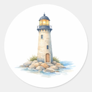Watercolor Lighthouse on the Rocks Classic Round Sticker