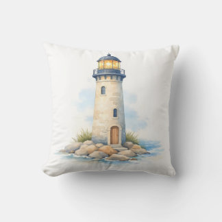 Watercolor Lighthouse on the Rocks Throw Pillow