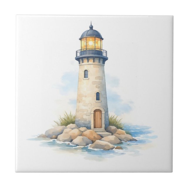 Watercolor Lighthouse on the Rocks  Tile (Front)