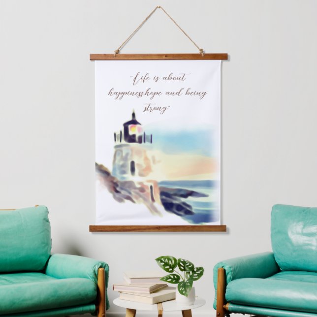 Watercolor Lighthouse Painting Inspirational Text Hanging Tapestry (Living Room)