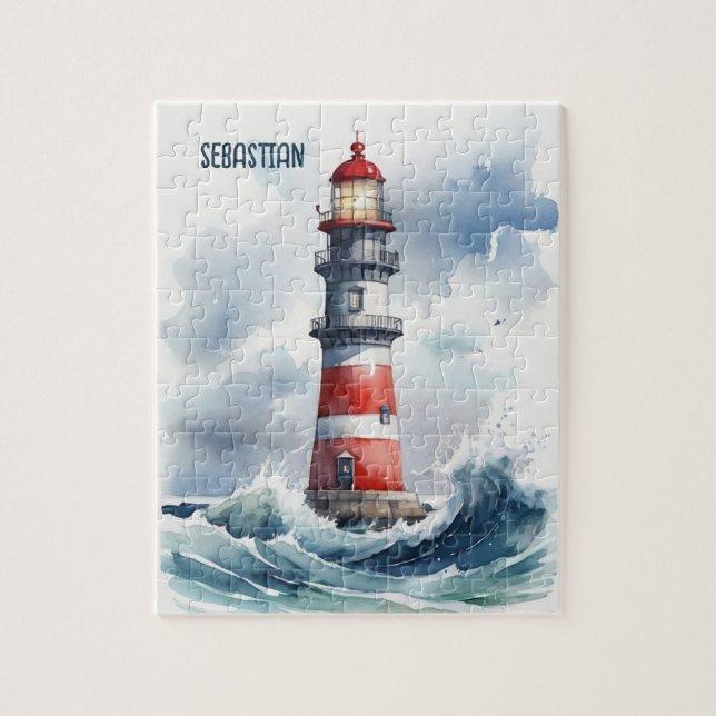 Watercolor Lighthouse Personalized Jigsaw Puzzle (Vertical)