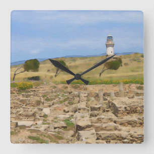 Watercolor lighthouse square wall clock