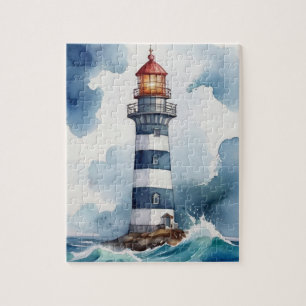 Watercolor Lighthouse Stormy Weather  Jigsaw Puzzle