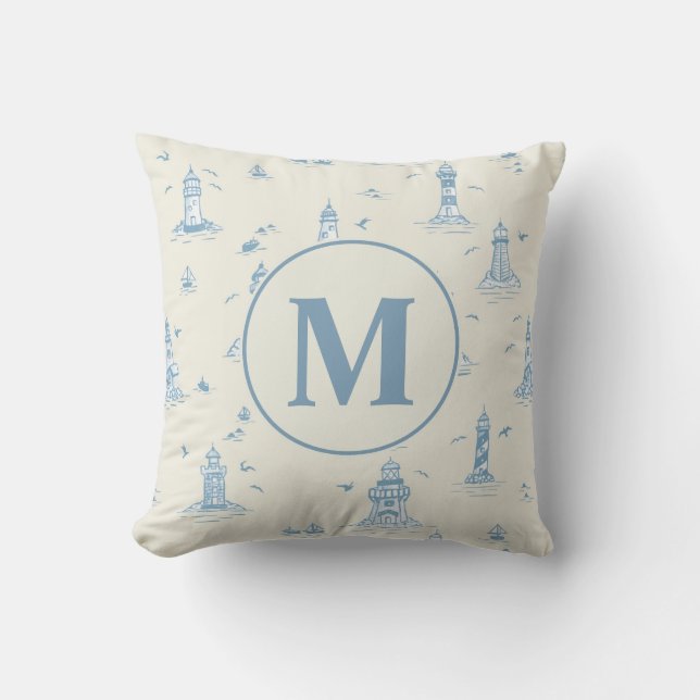 Watercolor Lighthouse Toile Nursery | Monogram Throw Pillow (Front)