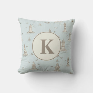 Watercolor Lighthouse Toile Nursery Monogram Throw Pillow