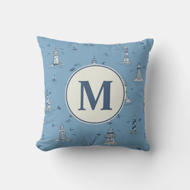 Watercolor Lighthouse Toile Nursery | Monogram Throw Pillow (Front)