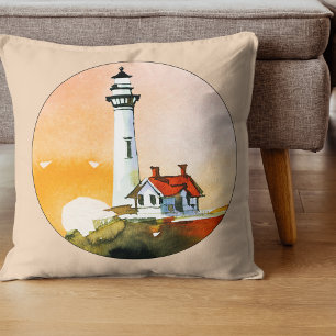 Watercolor Lighthouse Vignette Throw Pillow