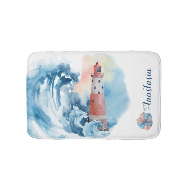 Watercolor Lighthouse Wave Bath Mat (Front)