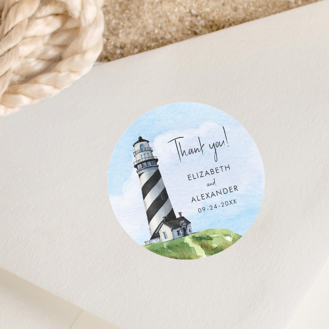 Watercolor Lighthouse Wedding Thank You  Classic Round Sticker (Creator Uploaded)