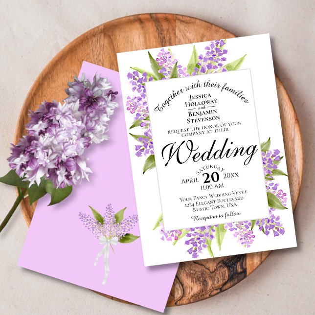 Watercolor Lilac Bouquet Spring Floral Wedding Invitation (Front and Back)