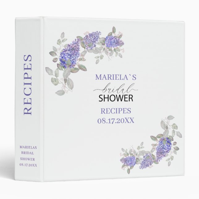 Watercolor Lilac Bridal shower Personalized Recipe Binder (Front/Spine)