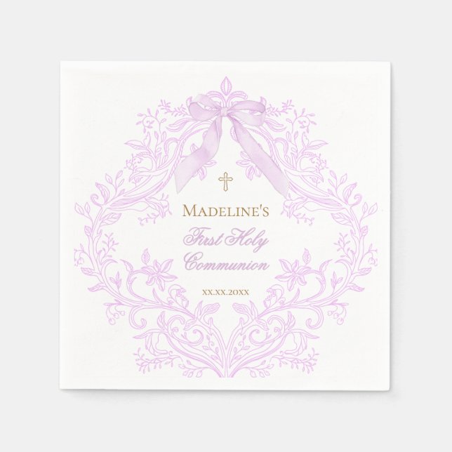 watercolor lilac crest First Holy Communion Napkin (Front)