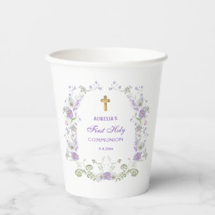 Watercolor Lilac Flowers Arch First Communion Paper Cups
