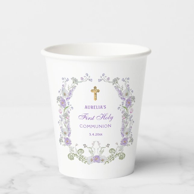 Watercolor Lilac Flowers Arch First Communion Paper Cups (Front)
