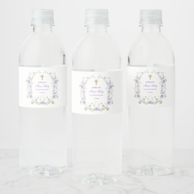 Watercolor Lilac Flowers Arch First Communion Water Bottle Label (Bottles)