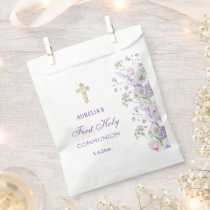 Watercolor Lilac Flowers First Communion Favour Bag