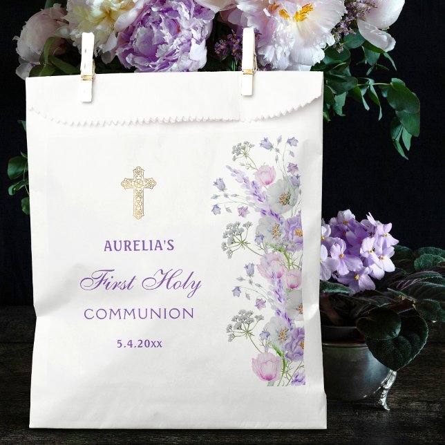 Watercolor Lilac Flowers First Communion Favour Bag (Creator Uploaded)