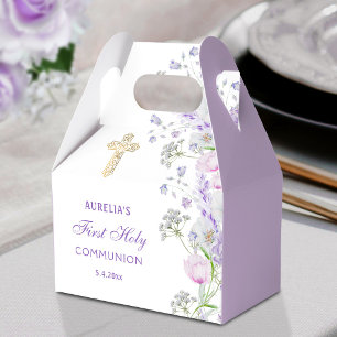 Watercolor Lilac Flowers First Communion Gable Favor Box