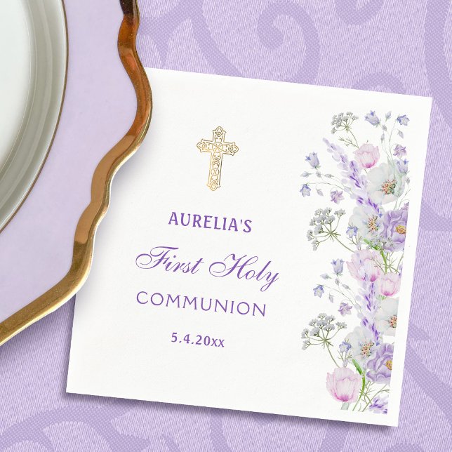 Watercolor Lilac Flowers First Communion Napkin (Creator Uploaded)