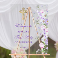 Watercolor Lilac Flowers First Communion Welcome