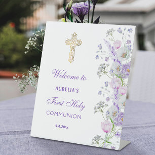 Watercolor Lilac Flowers First Communion Welcome Pedestal Sign