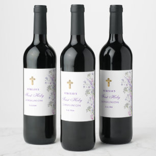 Watercolor Lilac Flowers First Communion Wine Label