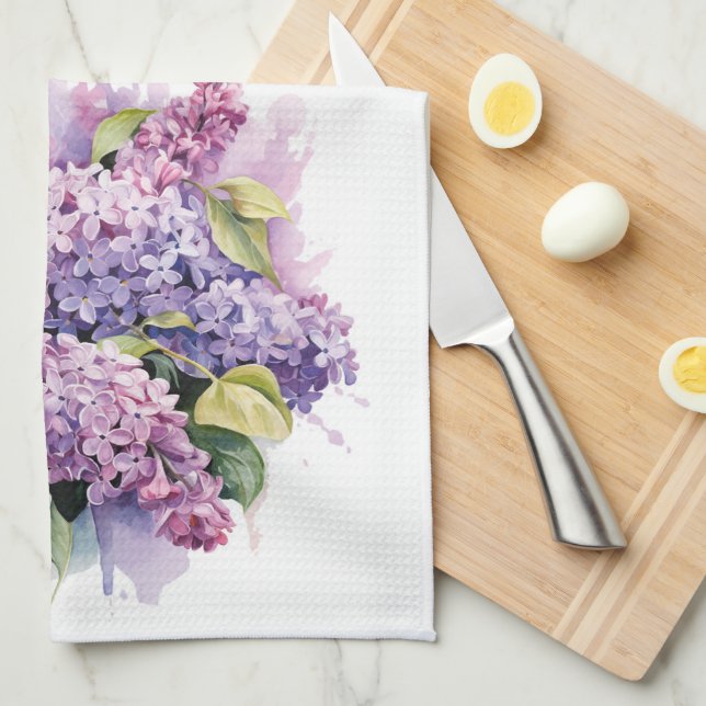Watercolor Lilac Garden Flower Bouquet Floral Kitchen Towel (Quarter Fold)