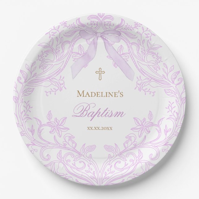  watercolor lilac purple Baptism Paper Plate (Front)