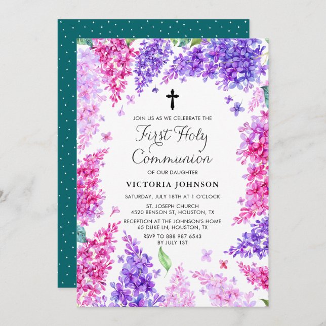 Watercolor Lilac Wreath First Holy Communion Invitation (Front/Back)
