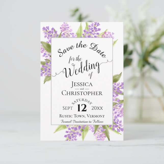 Watercolor Lilacs & Calligraphy Simple Wedding Save The Date (Standing Front)
