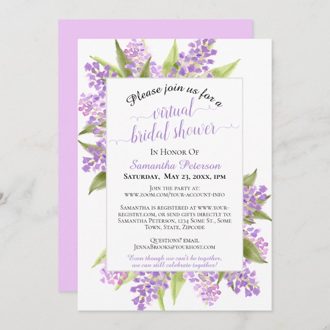 Watercolor Lilacs Floral Virtual Bridal Shower Invitation (Front/Back)