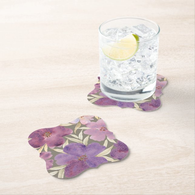 Watercolor Lilas in Green Background Paper Coaster (Insitu)